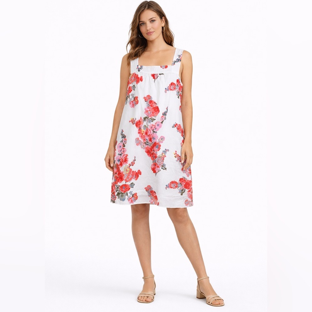Joules Darcie Sleeveless Woven Shift Dress White Floral Size 12 Linen Cotton